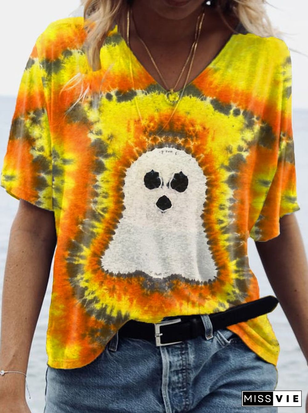 Women's Ghost Tie Dye Print V-Neck Tee