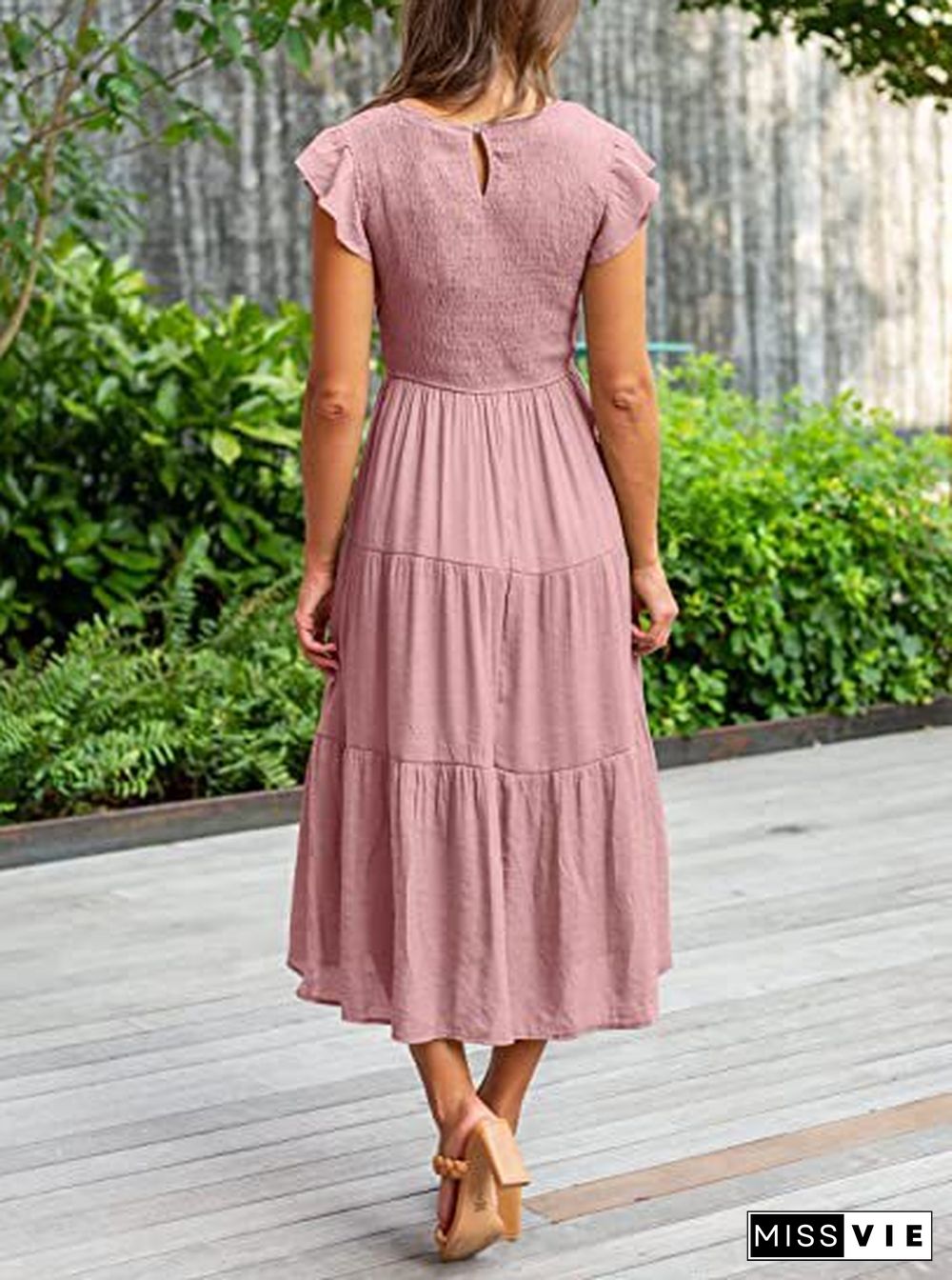 Solid Color Round Neck Cap Sleeve Loose Maxi Dress