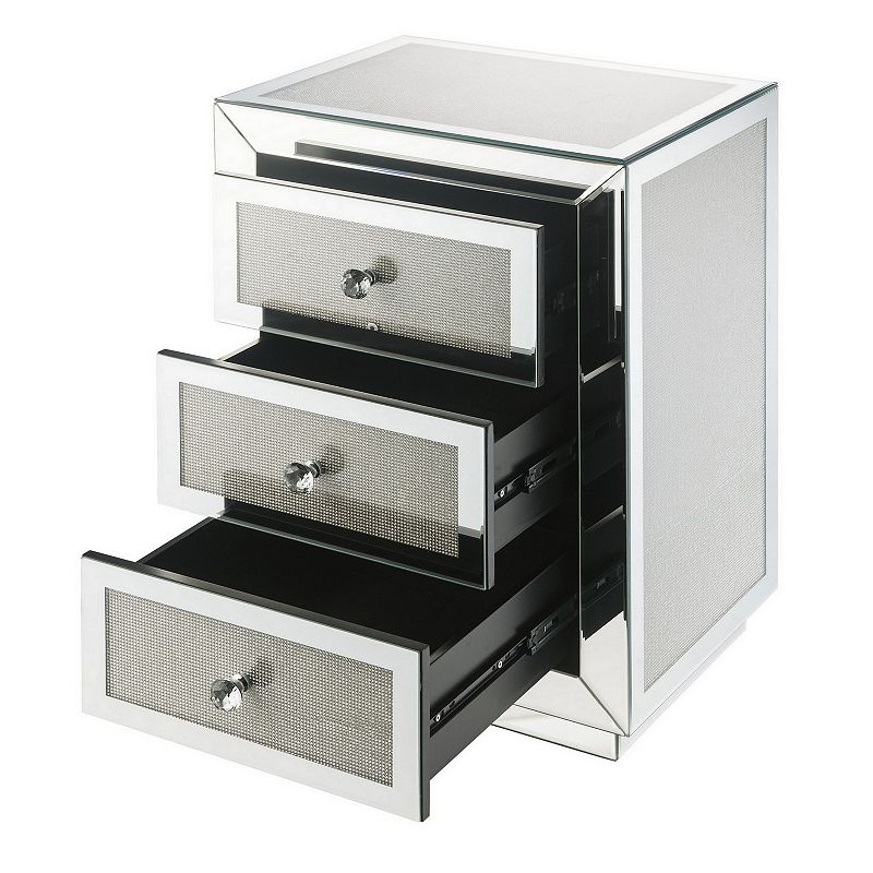 3 Drawer Mirrored Accent Table with Faux Diamond Inlay， Silver