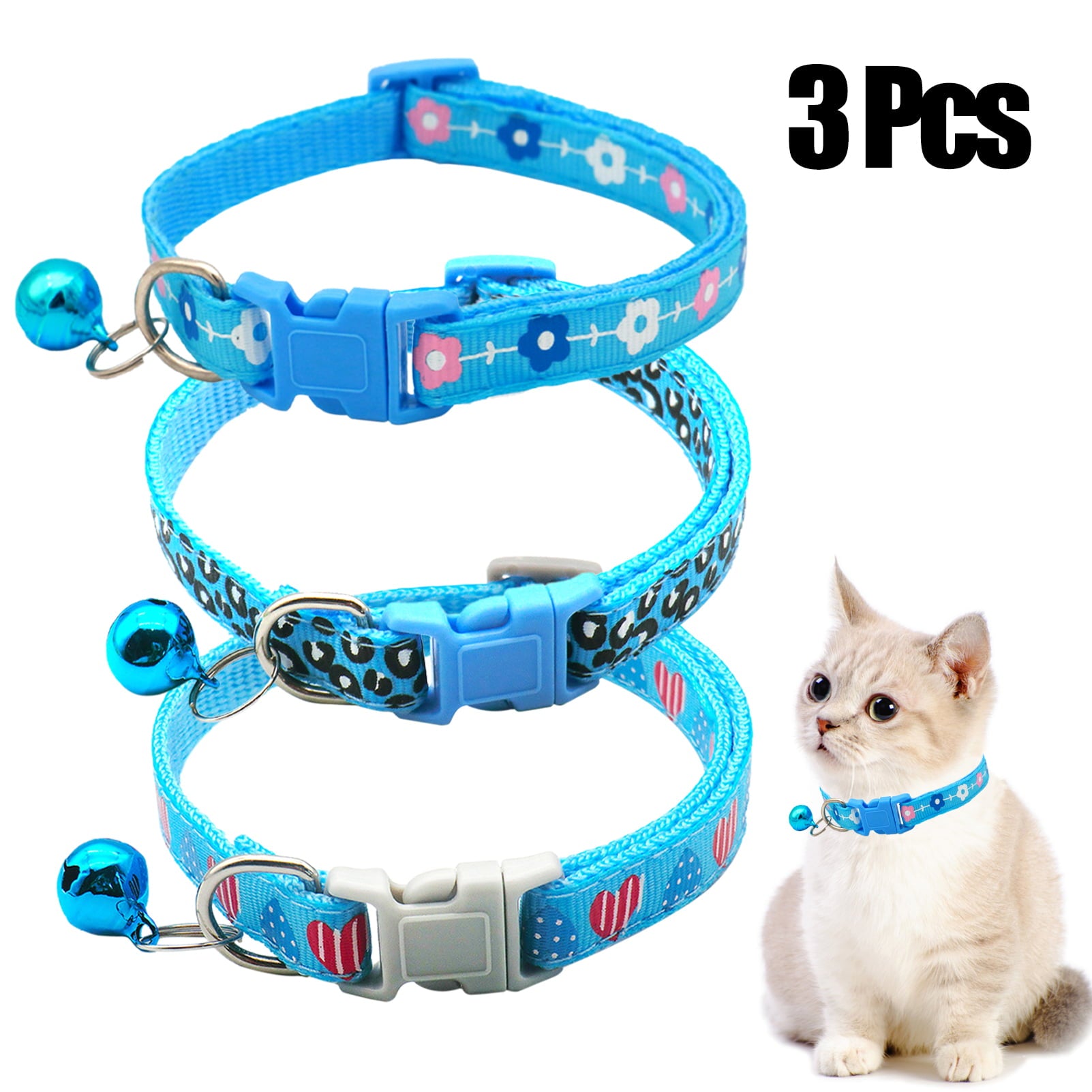 CHBORLESS 3 Pcs Nylon Cat Collar with Bell Adjustable Kitten Puppy Collars for Newborn Pet，Sky Blue