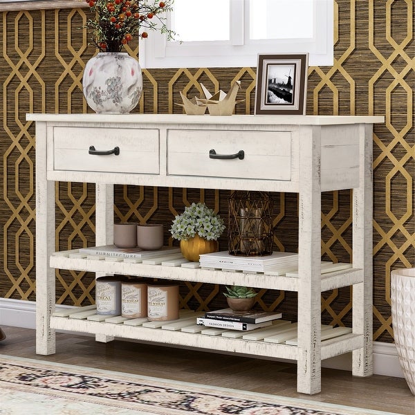 Antique White Entryway Console Table with Drawers and Shelf