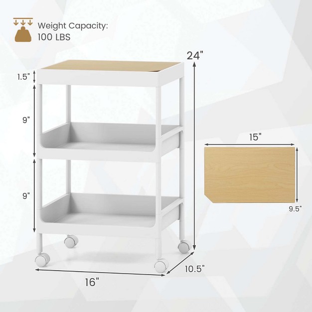 Costway 3 Tier Utility Rolling Cart Rolling Storage Cart With Detachable Tray Top