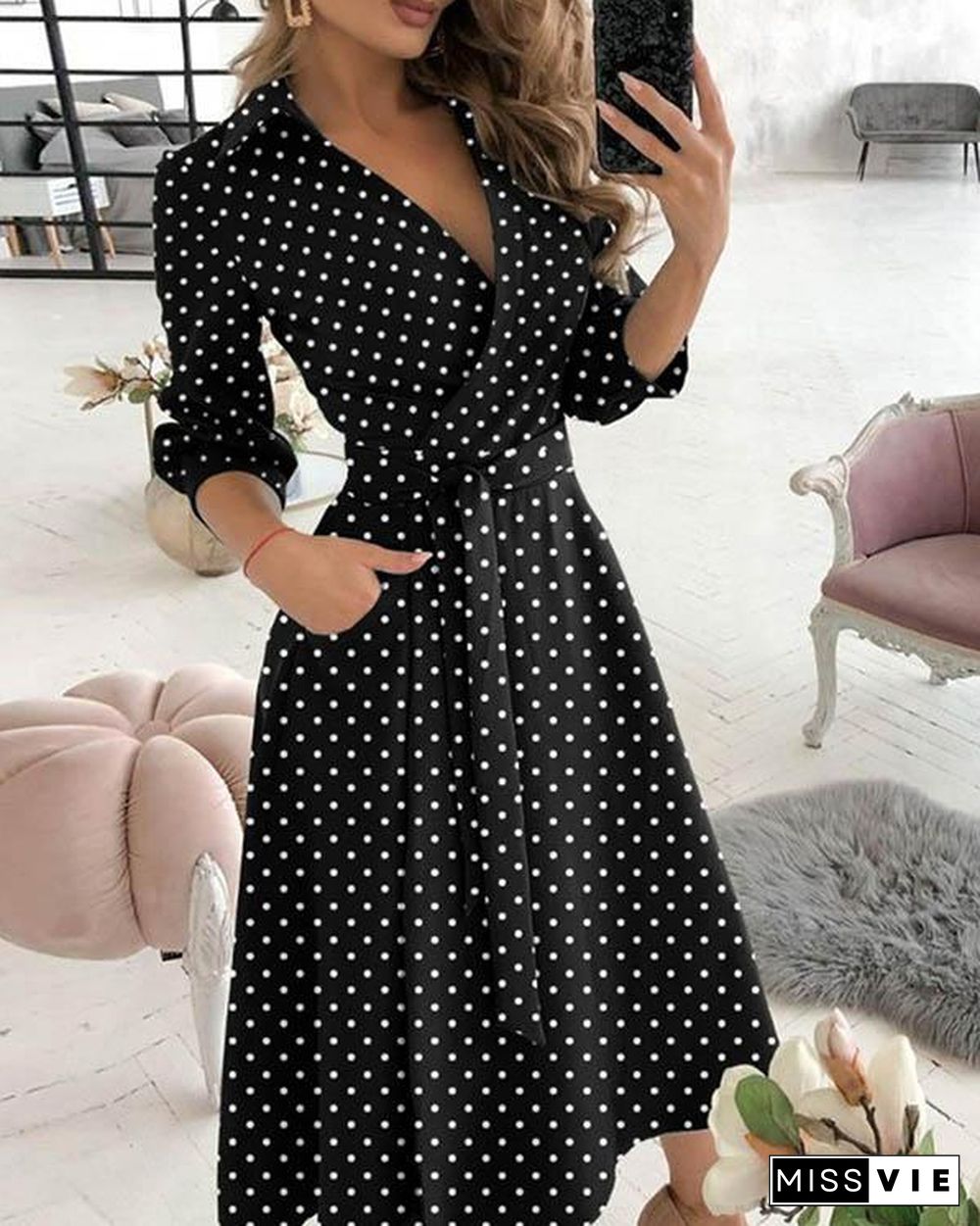 Elegant Print V Neck 3/4 Sleeve Wrap Midi Dresses