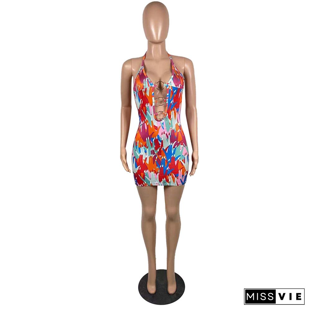 Sexy Printed Hollow Out Metal Ring Connect Halter Backless Skinny Summer Party Clubwear Mini Dress