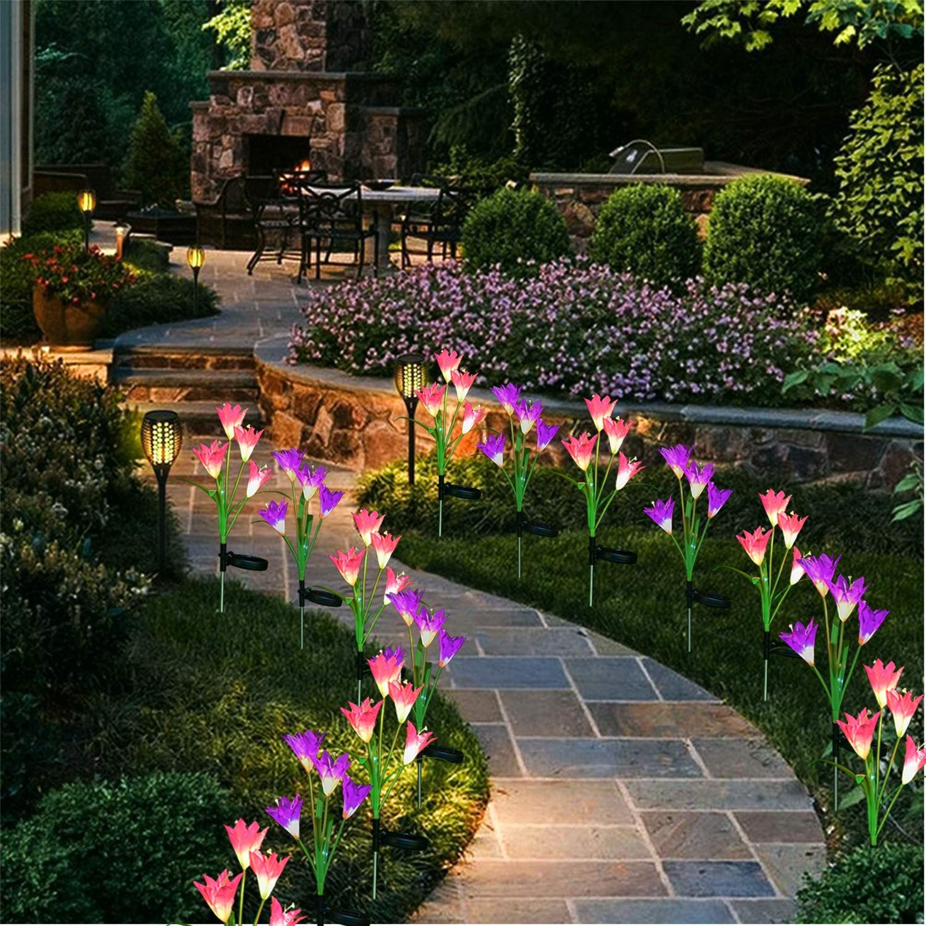 Outdoor solar garden lights - 2 lilies， multi-color changing LED solar lights for garden， patio， backyard (purple and pink)