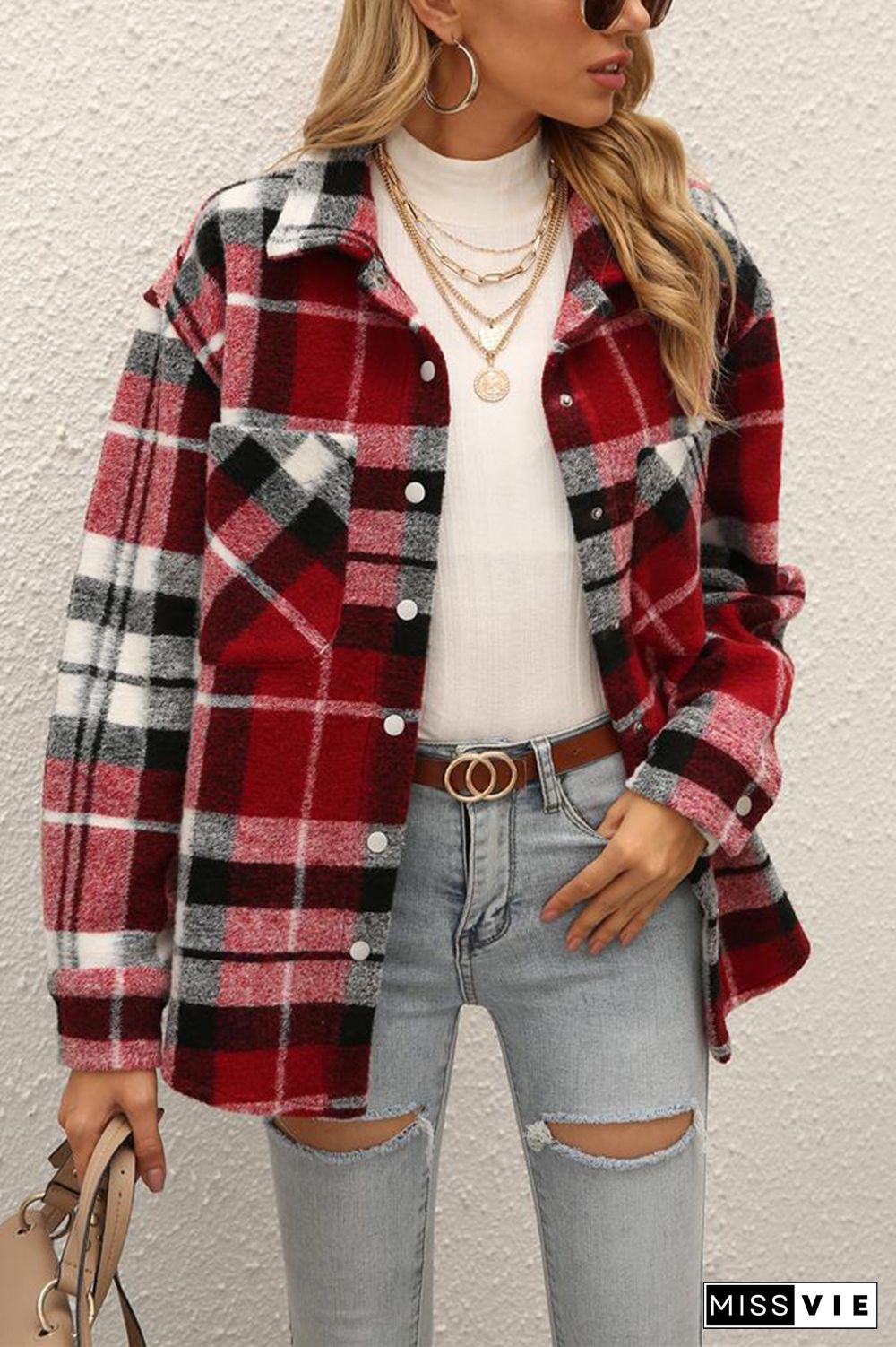 Plaid Single-breasted Thick Coat Women Shacket Jacket Wholesale