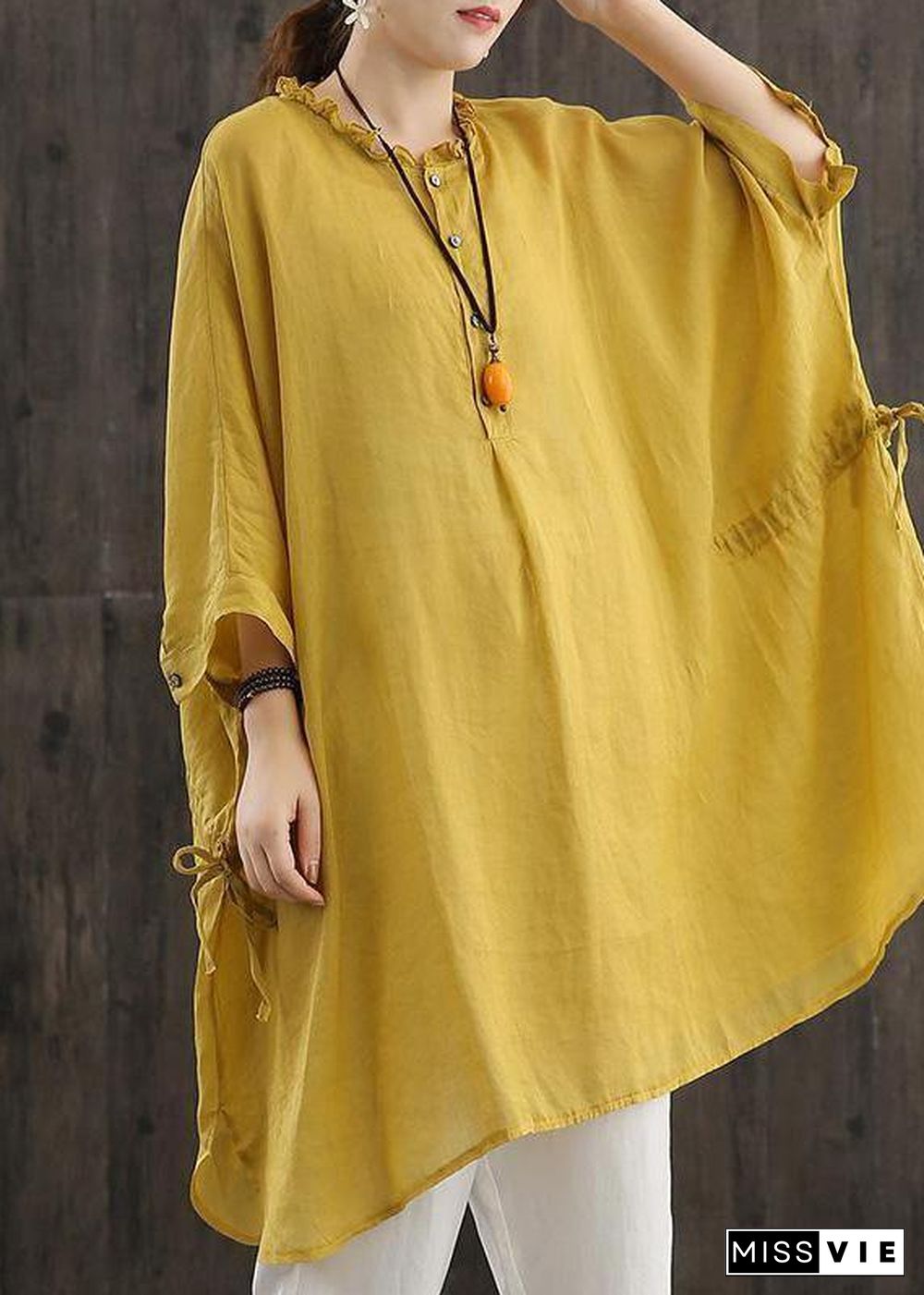 Chic Yellow Shirts O Neck Cinched Top