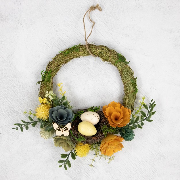 Easter Egg And Bird Nest Wreath With Wooden Flowers