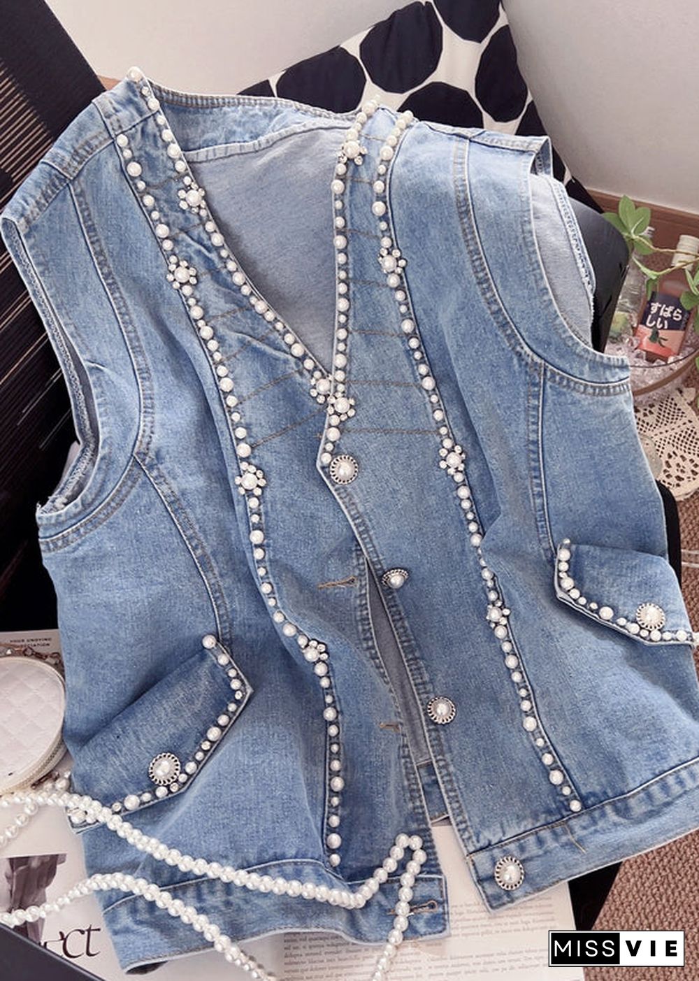 Cute Blue V Neck Patchwork Nail Bead Denim Waistcoat Fall