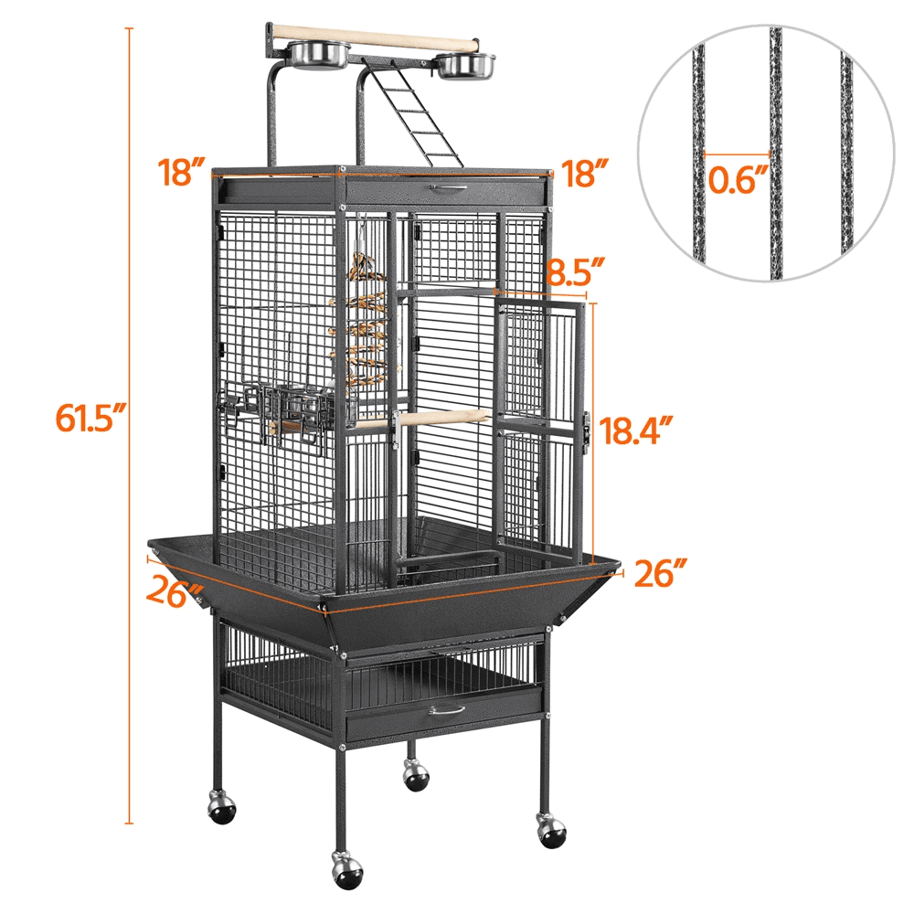 61.5inch Rolling Metal Bird Cage for Cockatiel Lovebird， Black