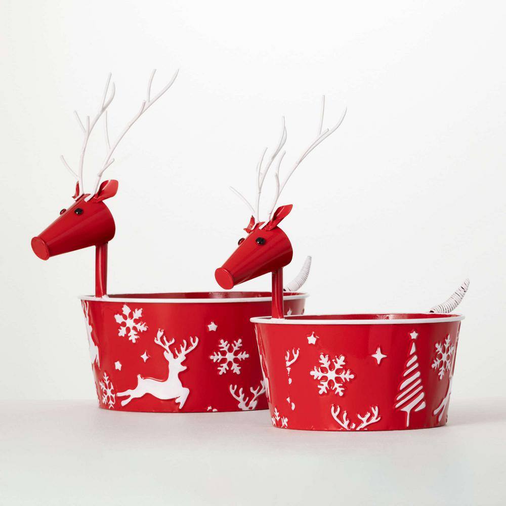 SULLIVANS 15.5 in. and 18 in. Embellished Red Reindeer Christmas Pots Set of 2 Red and White MET2362