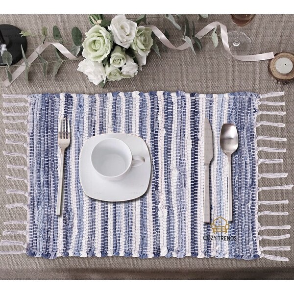 100% Cotton Woven Placemats for Dining Room Rectangle 14''x20'' with Fringes | Set of 6 | Washable