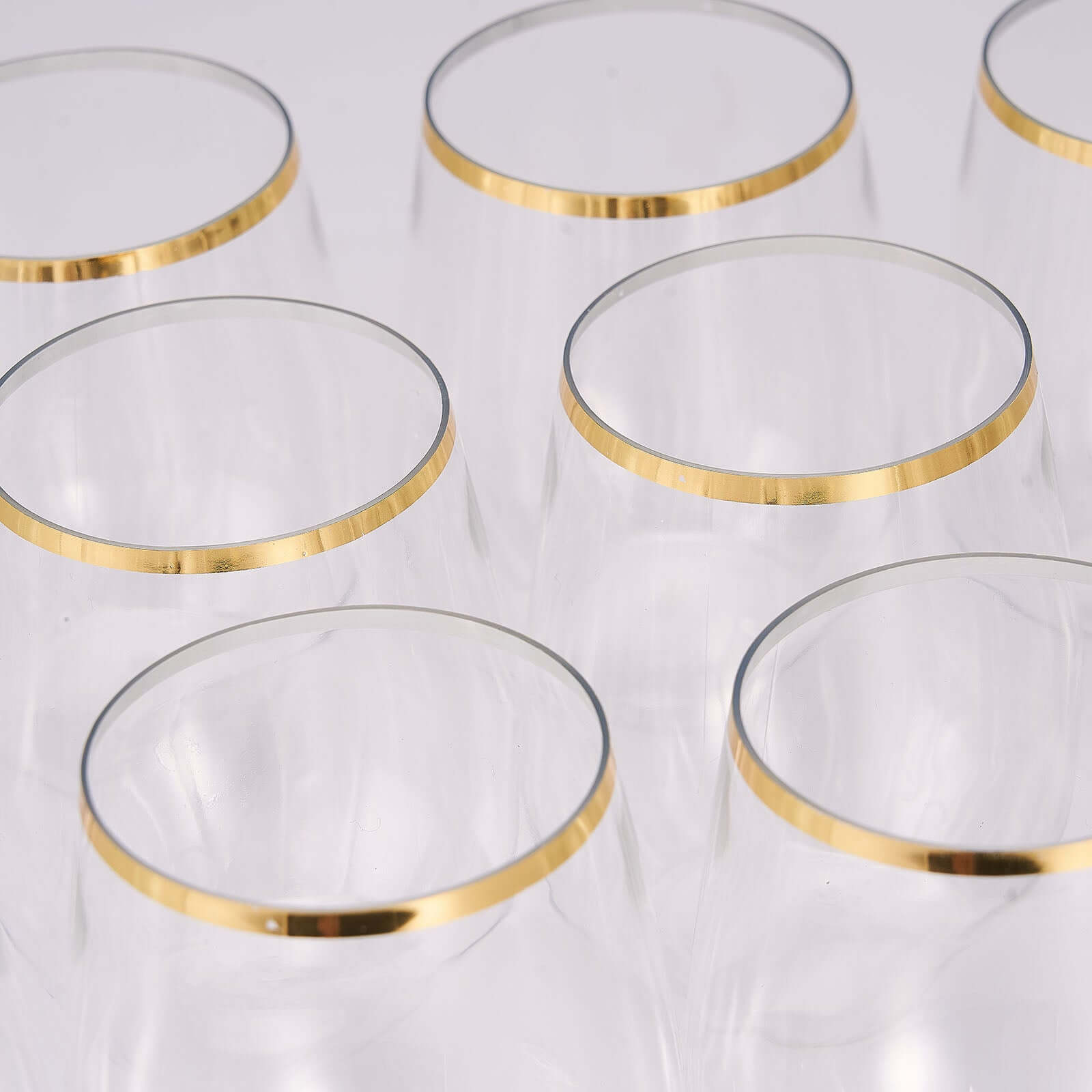 12 Pack Clear Gold Rim Plastic Stemless Wine Glasses, Reusable Wine Tumbler 12oz