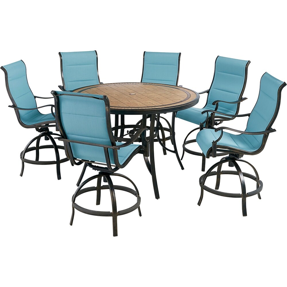 Hanover Monaco 7 Piece High Dining Set in Blue with 6 Padded Counter Height Swivel Chairs and a 56 In. Tile Top Table