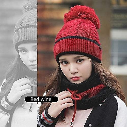 3pcs/set Fashion Women Winter Knitted Hat Thickened Woolen Cap With Warm Mask And Neck Scarf Wine Red -