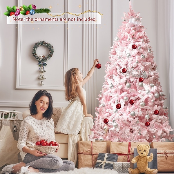 Gymax 7 FT PreLit Artificial Christmas Tree Lighted Pink Snow Flocked