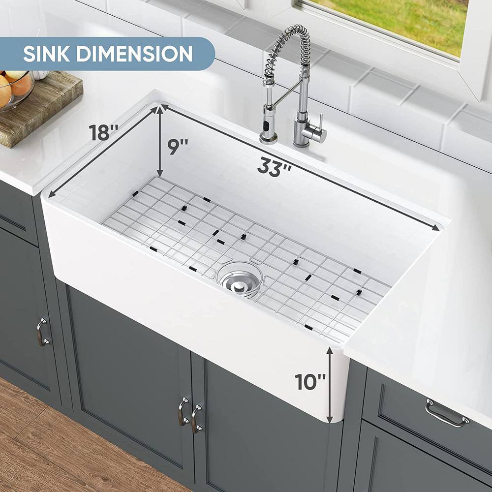 HOROW White Fireclay 33 in. Single Bowl Kitchen Sink Farmhouse Apron Front Kitchen Sink with Bottom Grid and Strainer HR-F3318S