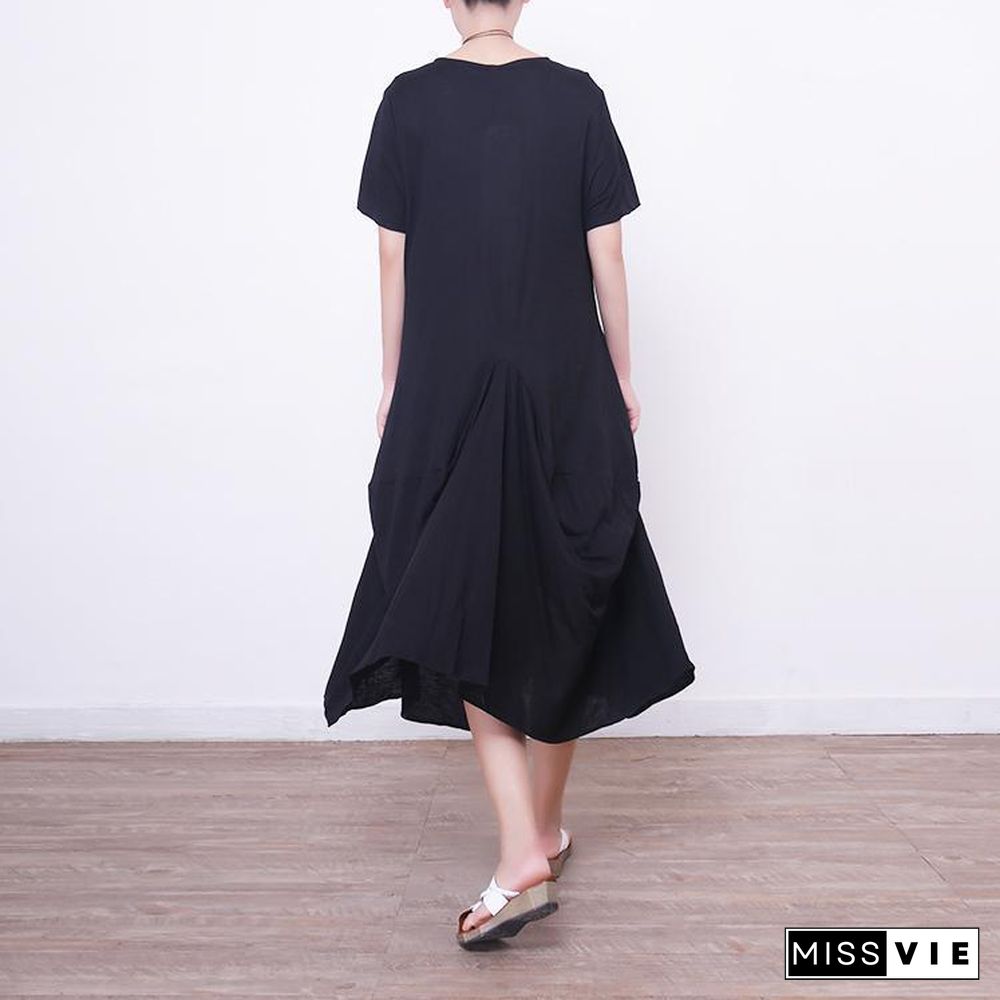 vintage black long linen dress plus size short sleeve linen clothing dresses New asymmetric hem maxi dresses