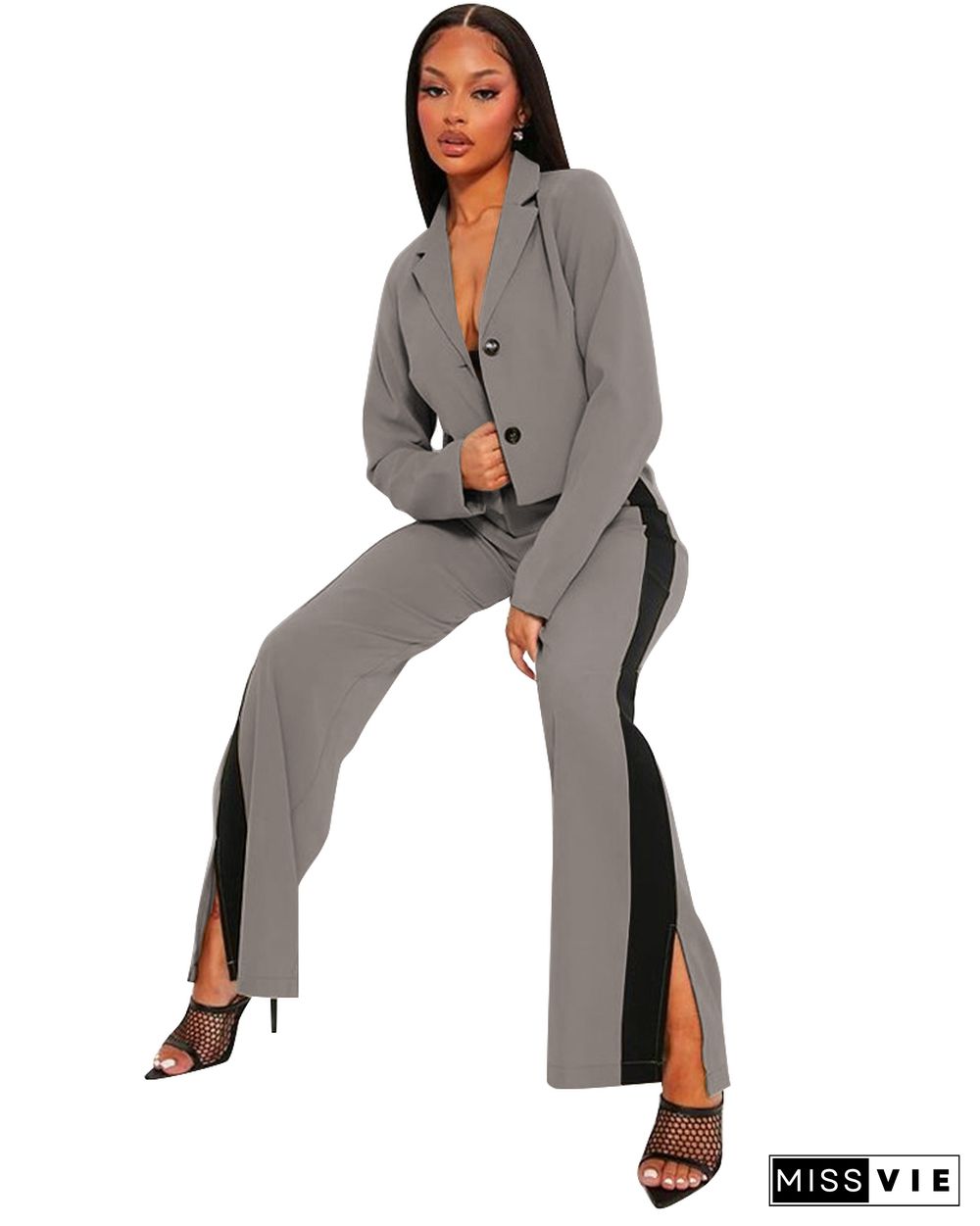 Fall Office Lady Blazer Straight Pants Two Piece Set