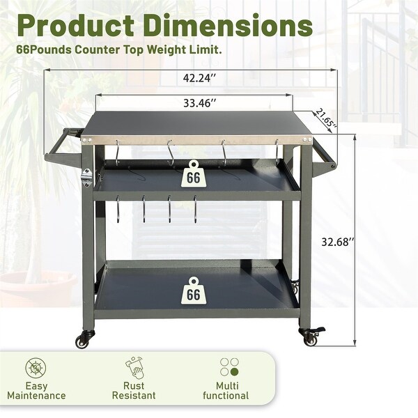 3Shelf Outdoor Grill Table with Wheels，Pizza Oven Table