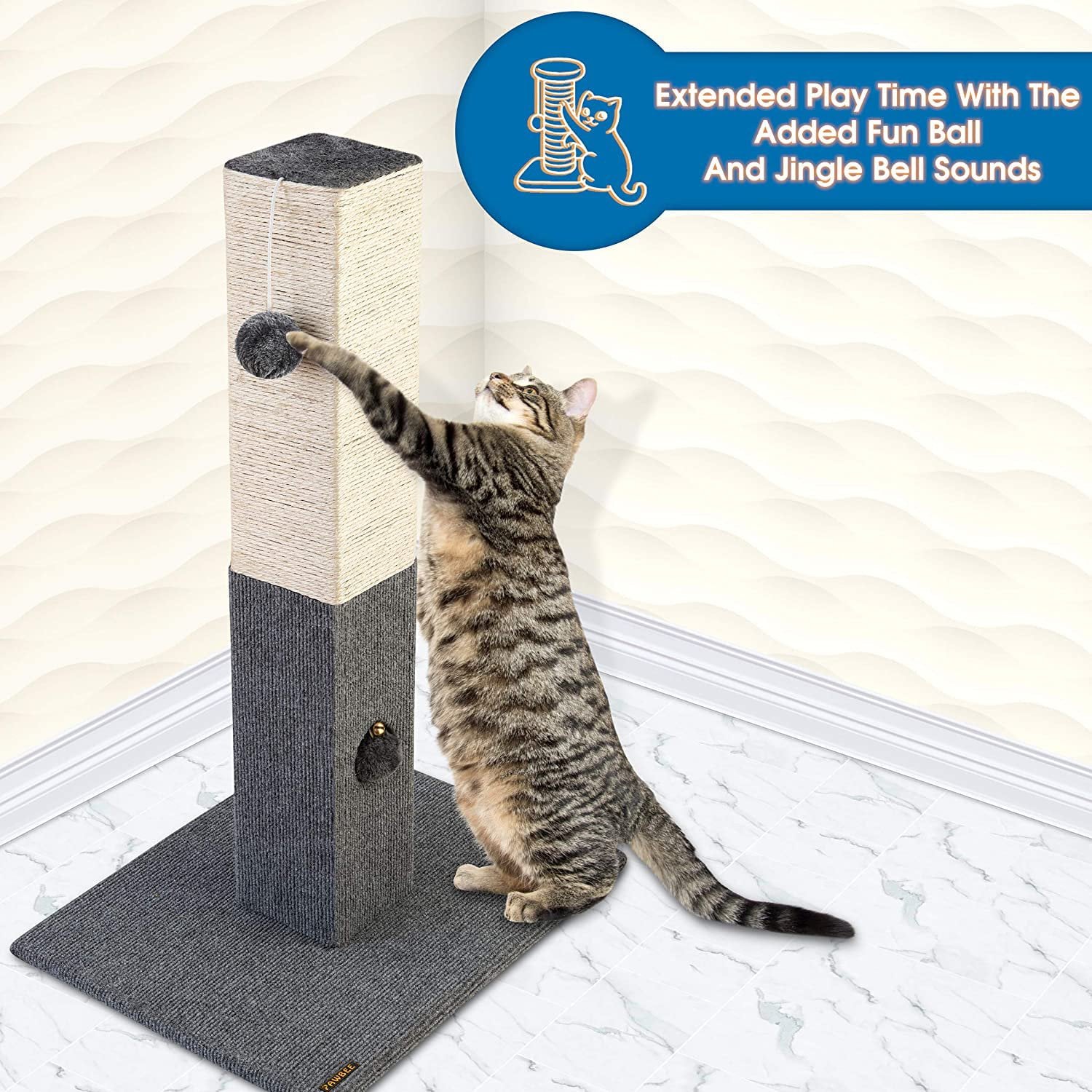 PAWBEE Cat Scratching Post with Softball and Jingle Bell Toy， 32