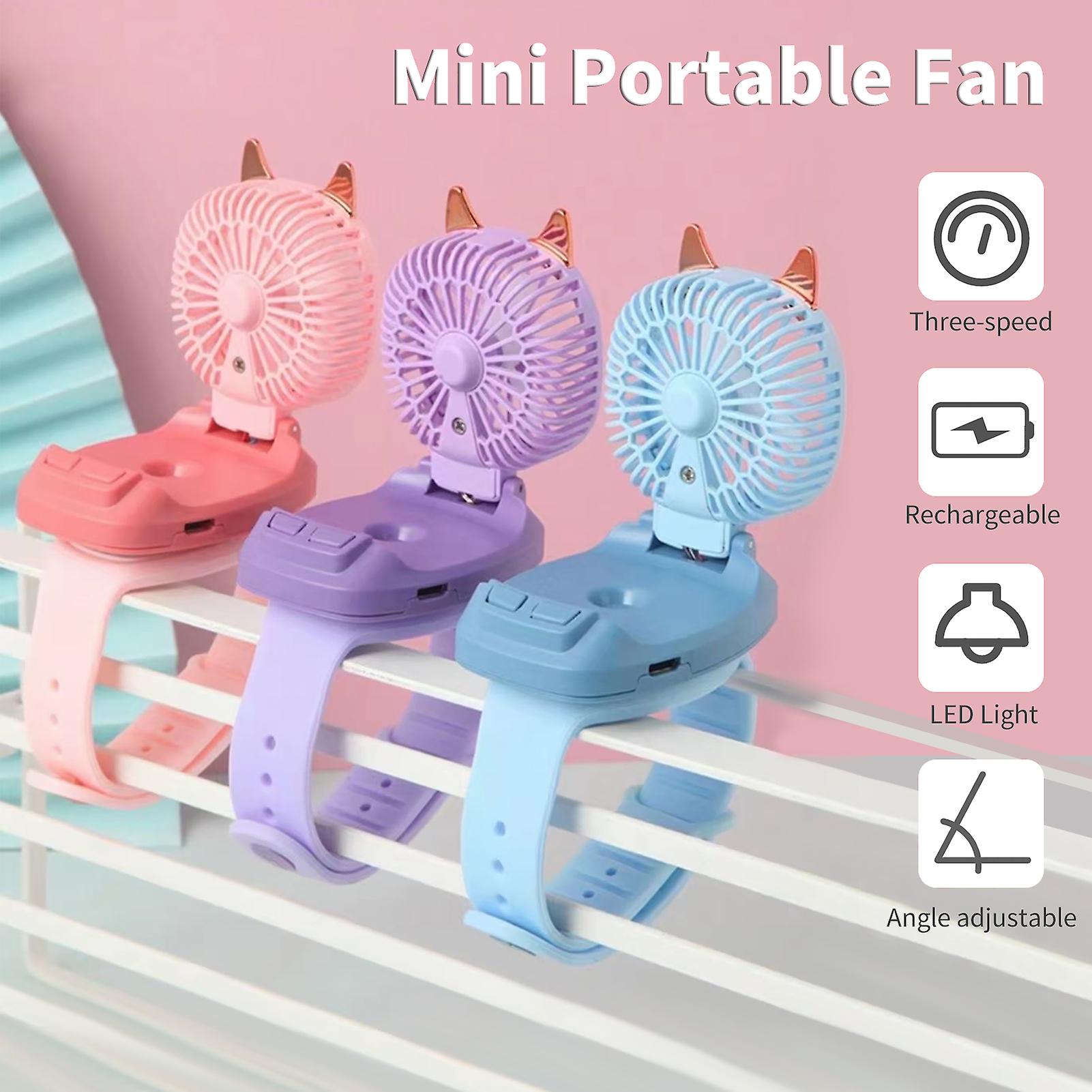 Pink Portable Fan Mini Fan Portable Watch Fan With Comfortable Wrist Strap Colorful Led Light Three-speed Usb Charging