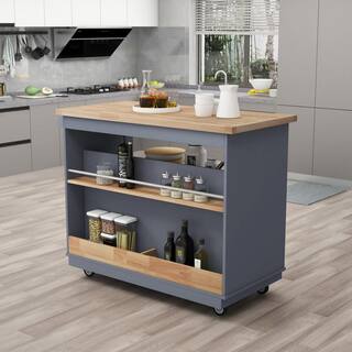 Tileon Blue Rolling Kitchen Island with Wood Top Kitchen Cart with Wheels 2-Drawers and 3 Open Shelves AYBSZHD255