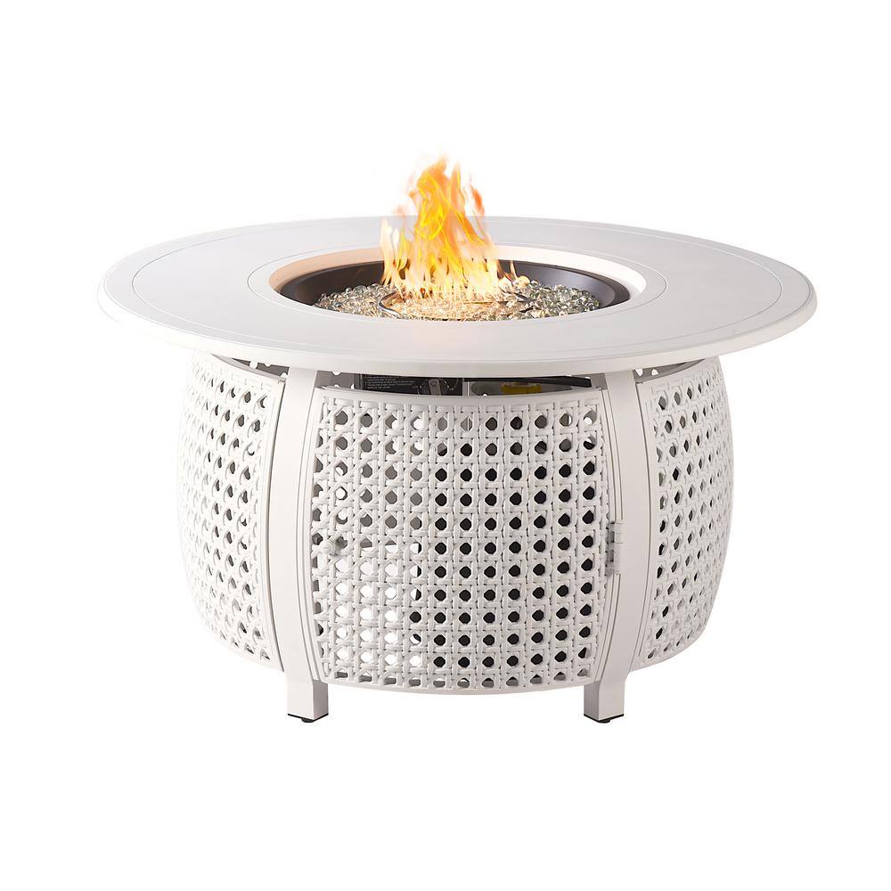 Oakland Living 44 in. x 44 in. White Round Aluminum Propane Fire Pit Table with Glass Beads 2 Covers Lid 55000 BTUs CLIFF-FPT-WT