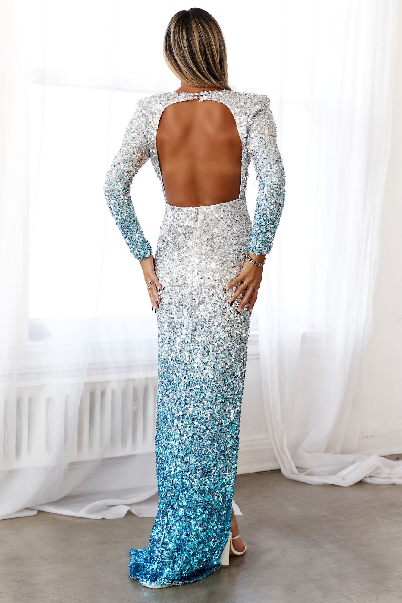 DEAR EMILIA Iridescent Night Maxi Dress Blue Sequin