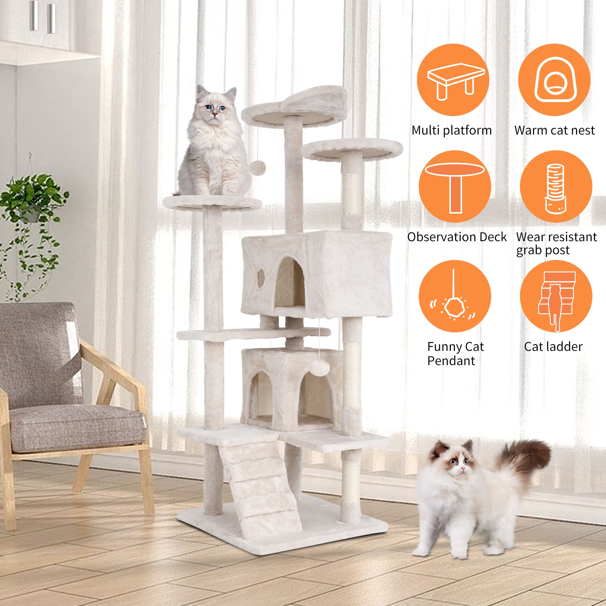 Dkelincs 54 inch Cat Trees and Towers for Indoor Cats， Cat Condo Scratching Post for Adult Cats， Multi-Level Cat Towers for Small Cats， Beige