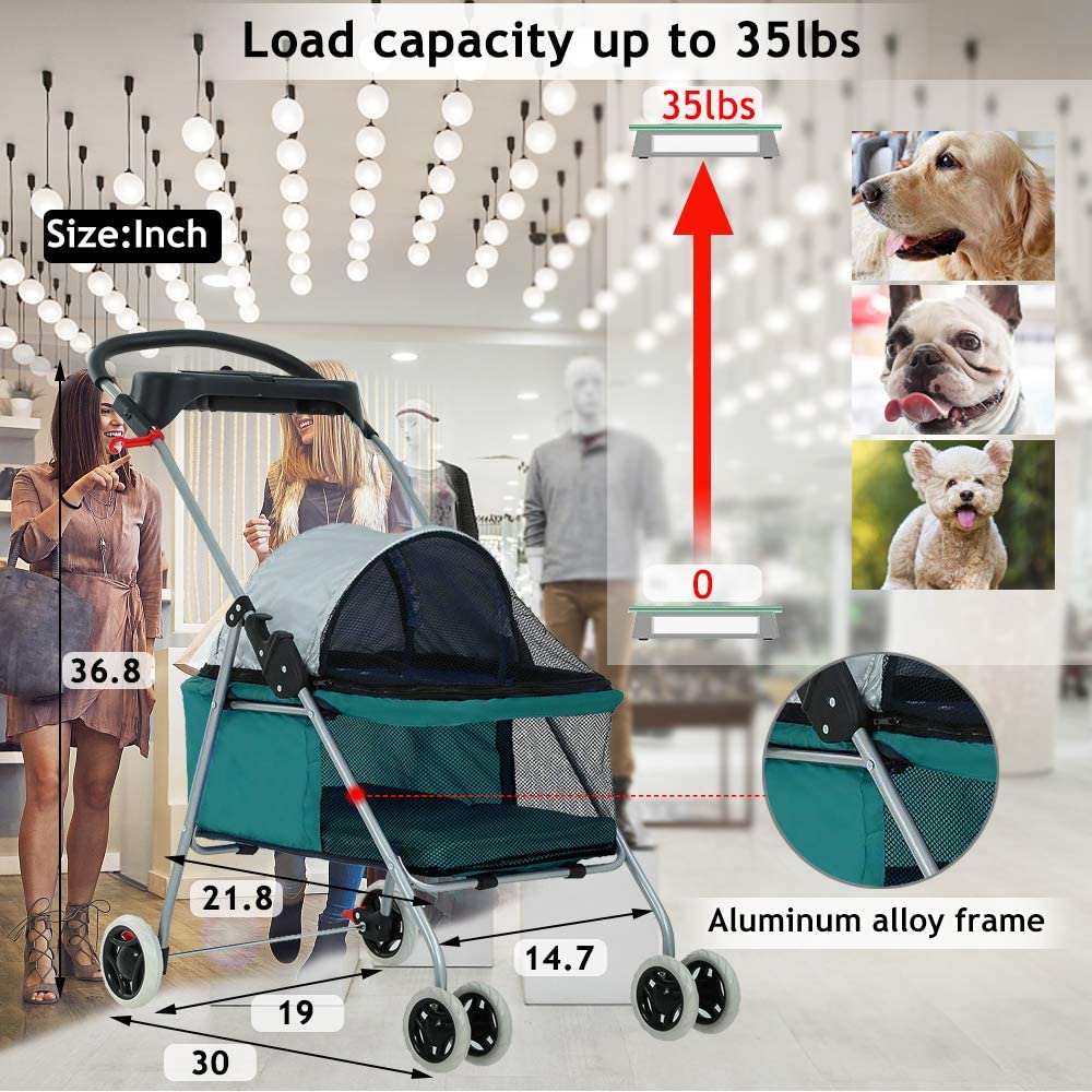 Dkeli Pet Stroller with Cup Holder for Small Dogs，Teal