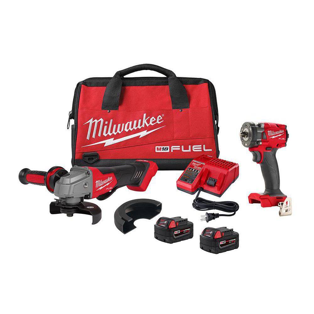 MW M18 FUEL 18V Lithium-Ion Brushless Cordless Grinder  38 in. Impact Wrench Combo Kit (2-Tool) w Two 5Ah Batteries 2991-22