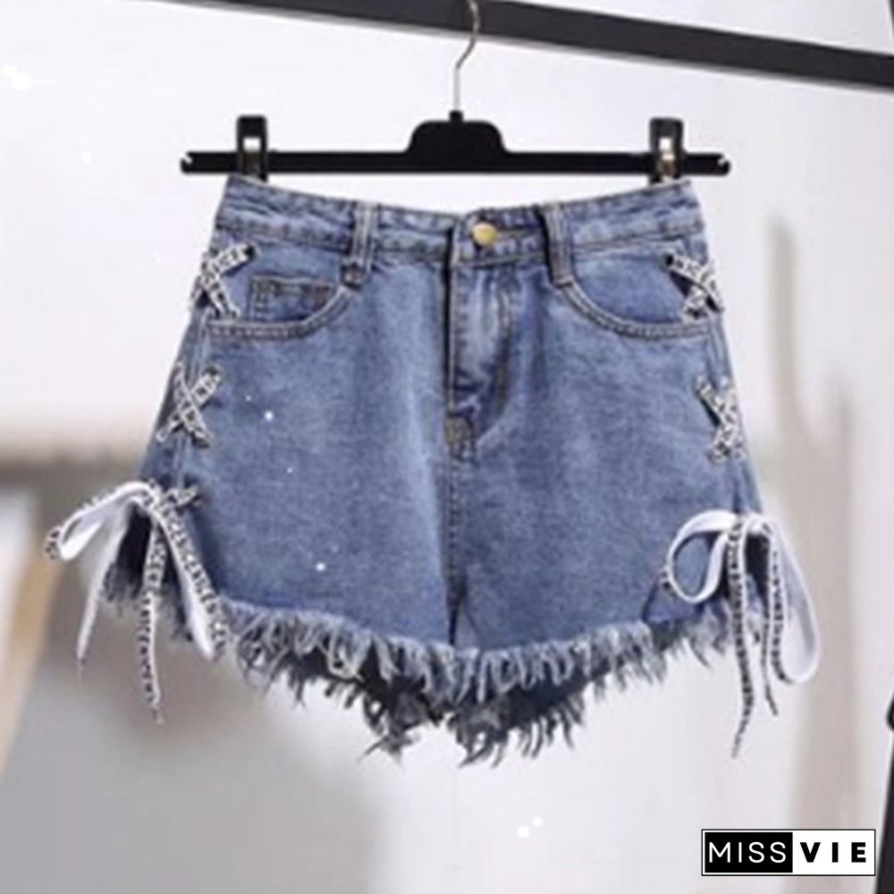 Women Fashion Raw-strap High-waist Denim Shorts with Loose Skinny Plus Size Pants