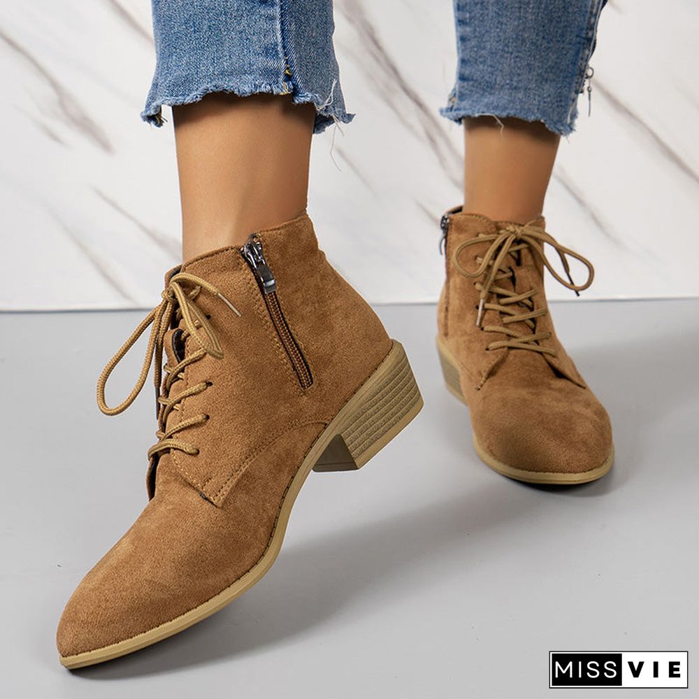 Versatile Lace-up Flat Chunky Heel Short Boots