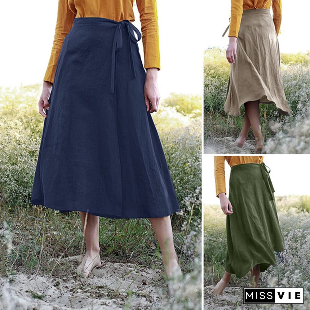 Women Vintage Elegant Skirt Cotton Side Tie A-Line Skirt Summer Long Skirts