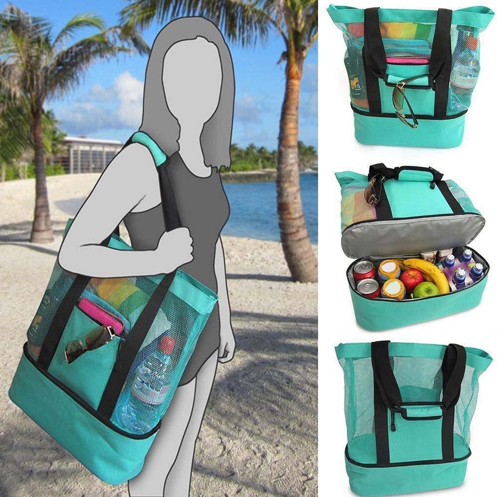 HeSaYep Picnic Bag Oversized Beach Mesh Tote Bag Outdoor Camping Cooler Bag， Green