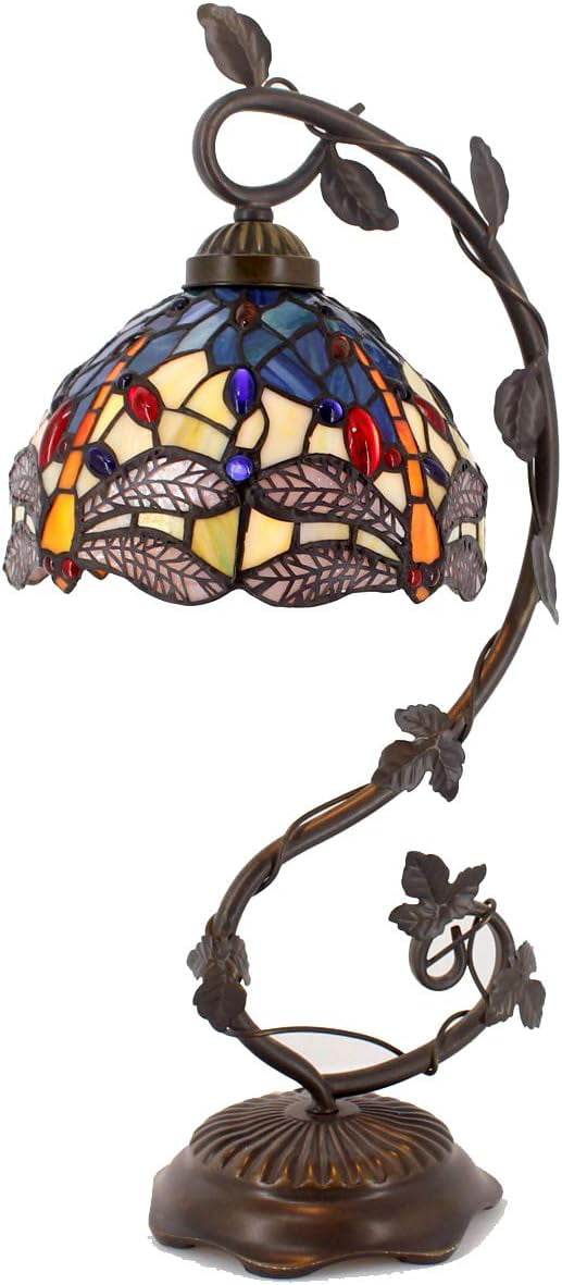 GEDUBIUBOO  Lamp Stained Glass Table Lamp Blue Yellow Dragonfly Style Desk Light Metal Leaf Base 8X10X21 Inches Decor Small Space Bedroom  Office S128 Series