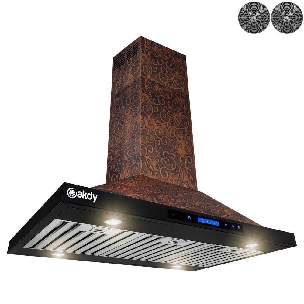 AKDY 36 in 343 CFM Convertible Island Mount Range Hood with LED Lights in Embossed Copper Vine Design with Carbon Filters