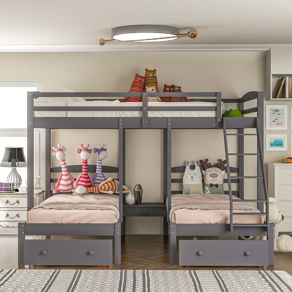 Gray Full over Twin   Twin Bunk Bed Triple Bunk Bed with Drawers