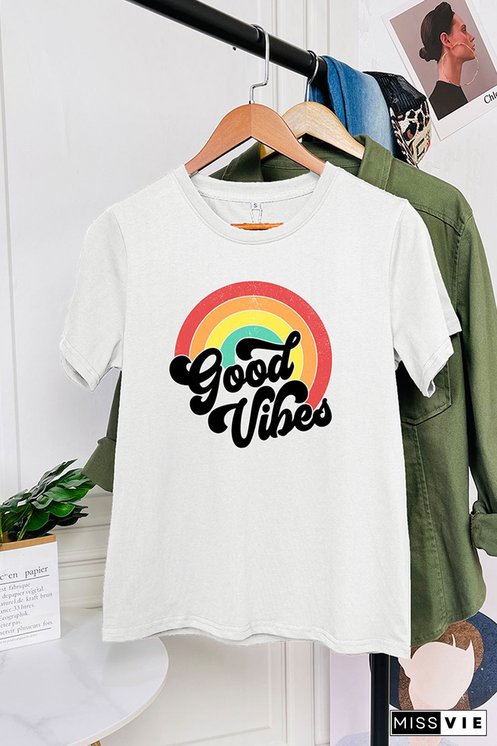 Good Vibes Vintage Rainbow Short Sleeve Graphic Tee Wholesale