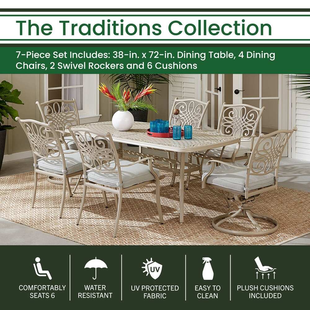 Hanover Traditions 7 Piece Dining Set with 4 Stationary Chairs  2 Swivel Rockers  and 38 In. x 72 In. Cast top Table  Sand