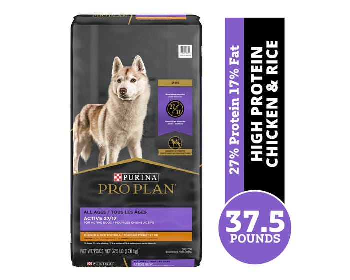 Purina Pro Plan Active High Protein Dog Food， Sport 27/17 Chicken  Rice Formula， 37.5 lb. Bag