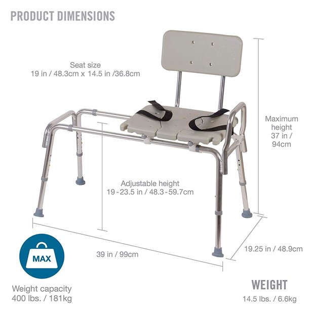 DMI Tub Transfer Bench and Sliding Shower Chair， Heavy Duty Non Slip Aluminum Body and Seat