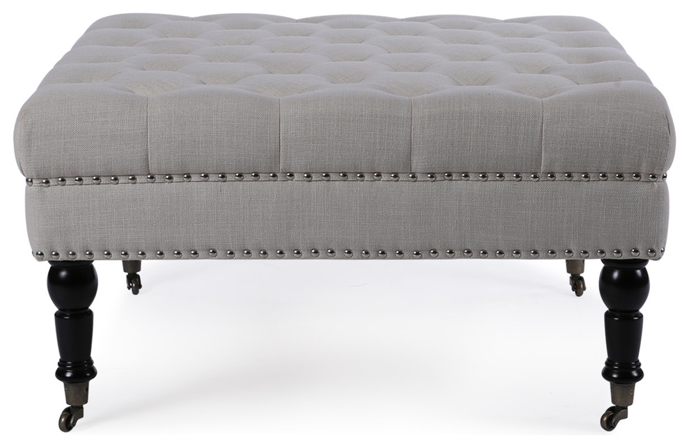 Button Tufted Square Ottoman Bench With Rolling Wheels Nailhead Trim   Traditional   Footstools And Ottomans   by OneBigOutlet  Houzz