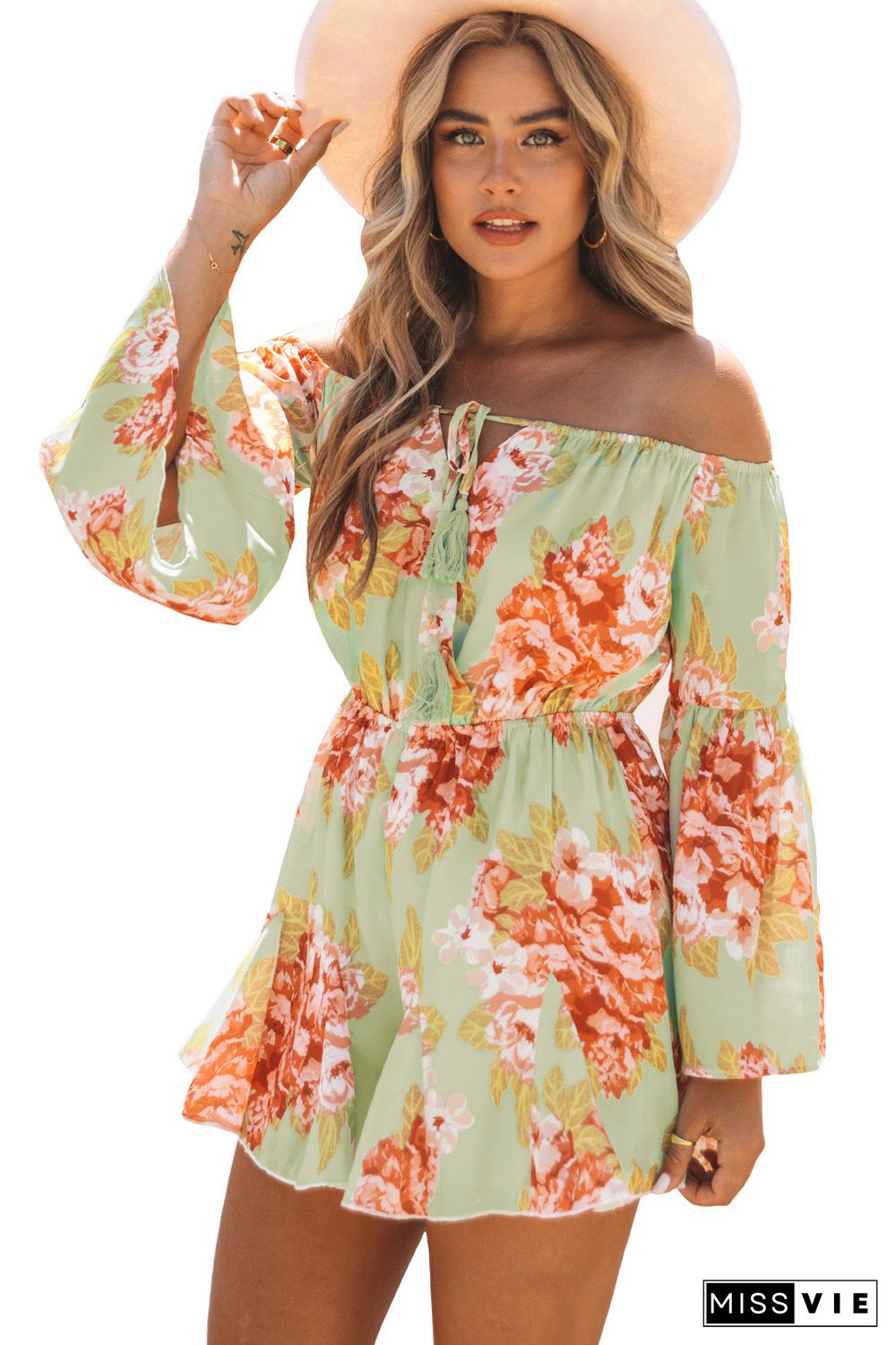 Floral Off the Shoulder Bell Sleeve Romper