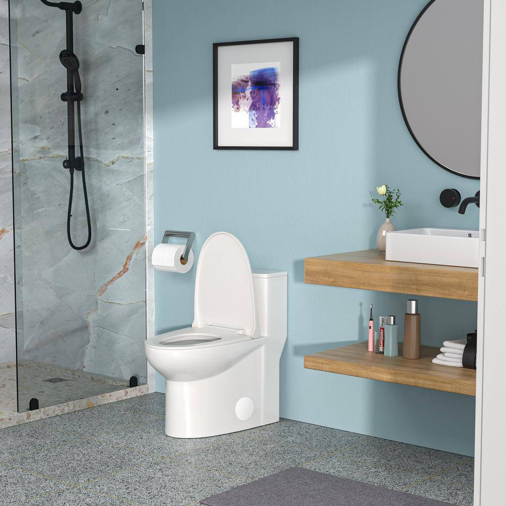 Amucolo 1-piece 1.6 GPF Comfort Height Dual Flush Ceramic Elongated Bathroom Toilet in White Soft Closing Seat Included Lord-CYW1-221