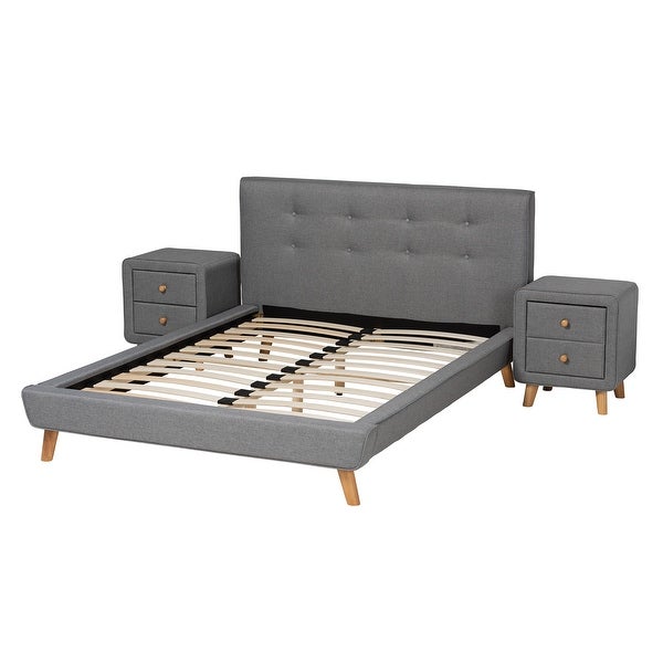 Jonesy Mid-Century Modern and Transitional 3-Piece Bedroom Set with Grey Fabric Upholstered bed - - 36356197