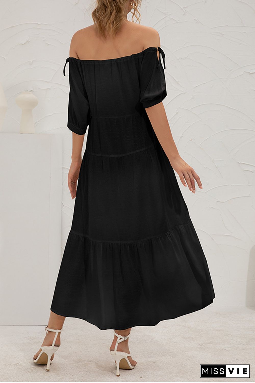 Elegant Solid Split Joint Frenulum Off The Shoulder Cake Skirt Dresses