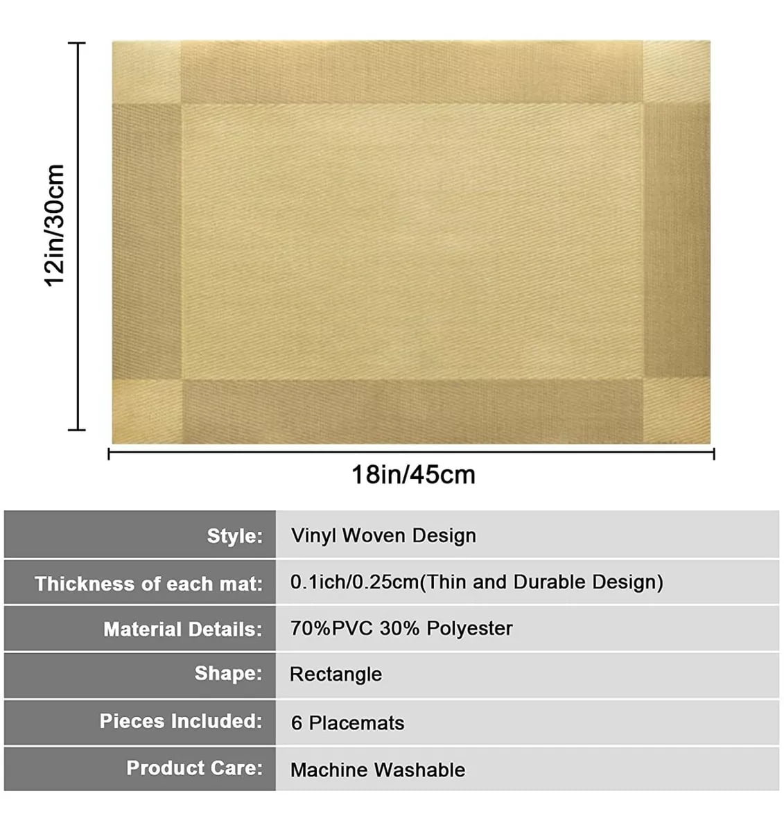 Placemats Place Mats for Kitchen Dining Table， Heat-Resistant Anti-Skid Stain Washable PVC Table Mats， Easy to Cleaning Woven Vinyl Dinner Mats (Gold， 20 Pack)