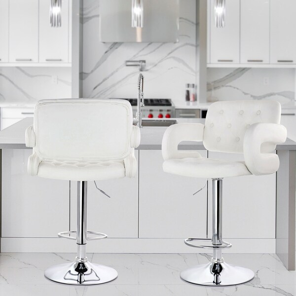 Elama Faux Leather Tufted Modern Bar Stool White Adjustable Swivel Base